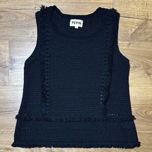 Anthropologie Pepin Black Fringed Knit Sleeveless Tank Large